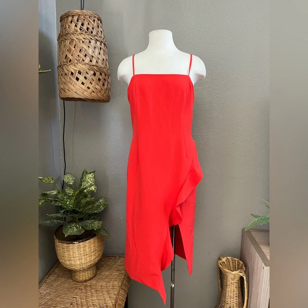 ☑️ Bardot Carmelle Cocktail Dress Ruffle Slit Fitted size 10/L - Picture 9 of 12